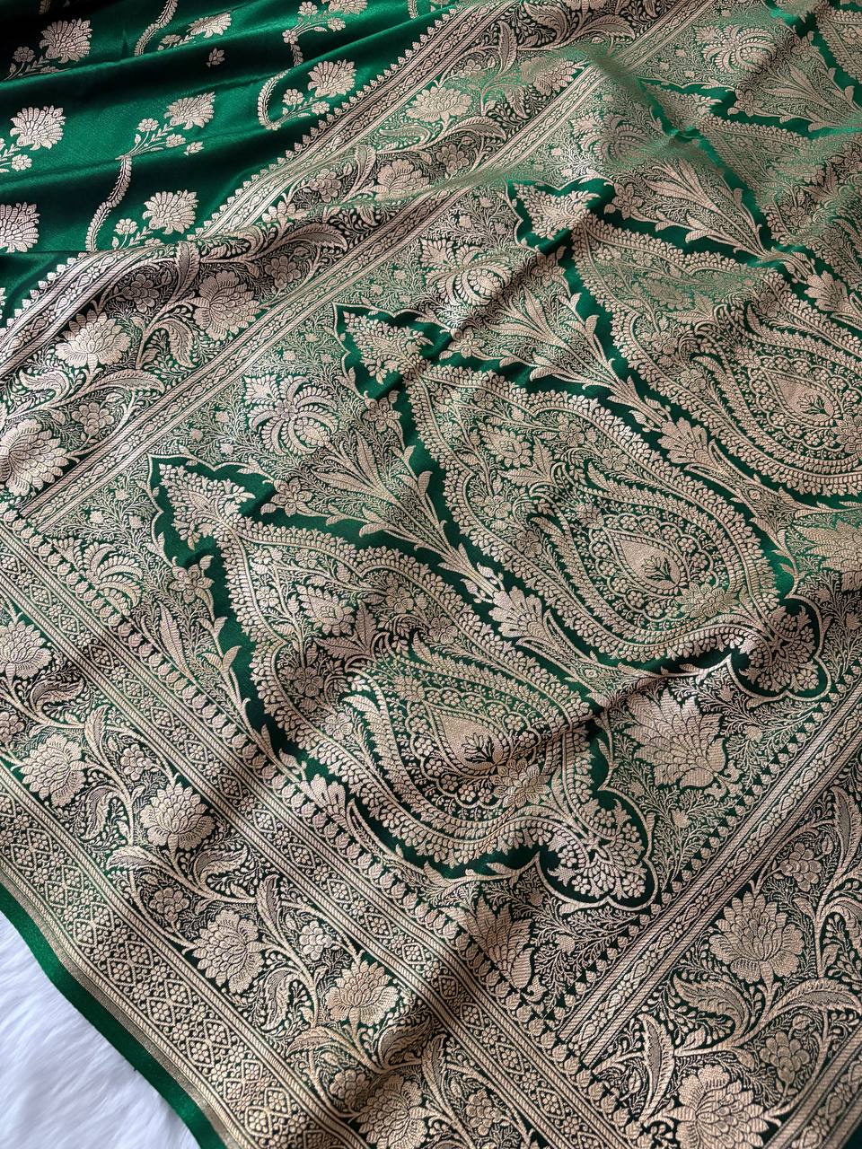 Green Satin Silk Banarasi Saree – Tircha Jaal