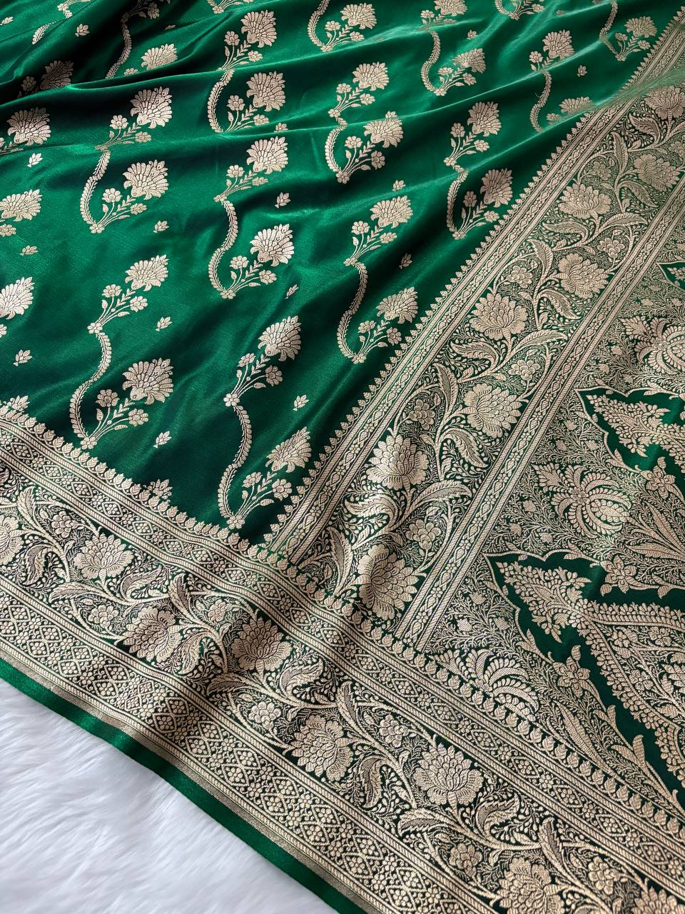 Green Satin Silk Banarasi Saree – Tircha Jaal