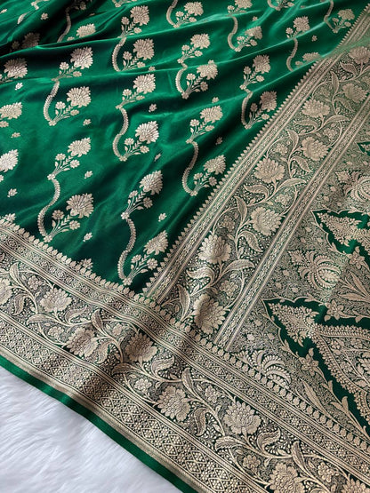 Green Satin Silk Banarasi Saree – Tircha Jaal