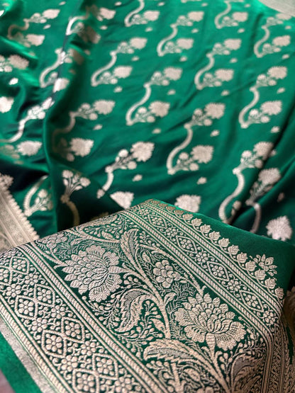 Green Satin Silk Banarasi Saree – Tircha Jaal