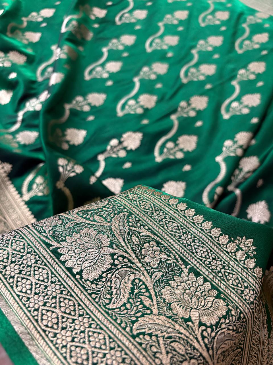 Green Satin Silk Banarasi Saree – Tircha Jaal