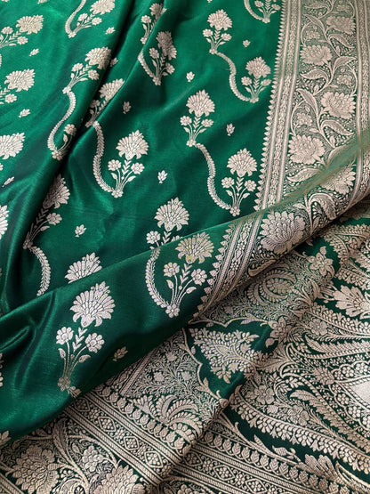 Green Satin Silk Banarasi Saree – Tircha Jaal
