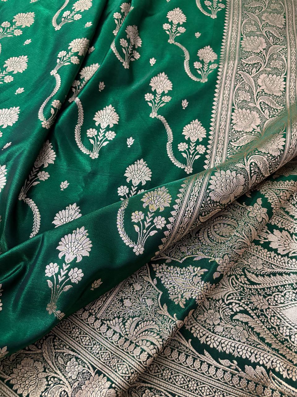 Green Satin Silk Banarasi Saree – Tircha Jaal