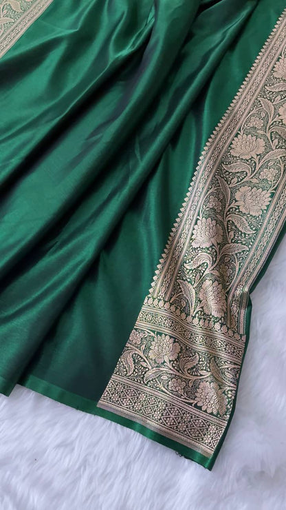 Green Satin Silk Banarasi Saree – Tircha Jaal
