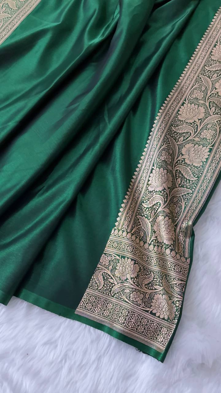 Green Satin Silk Banarasi Saree – Tircha Jaal