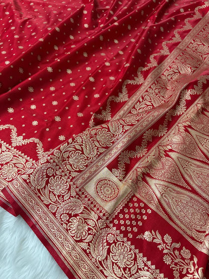 Red Sitara Buti Satin Silk Banarasi Saree