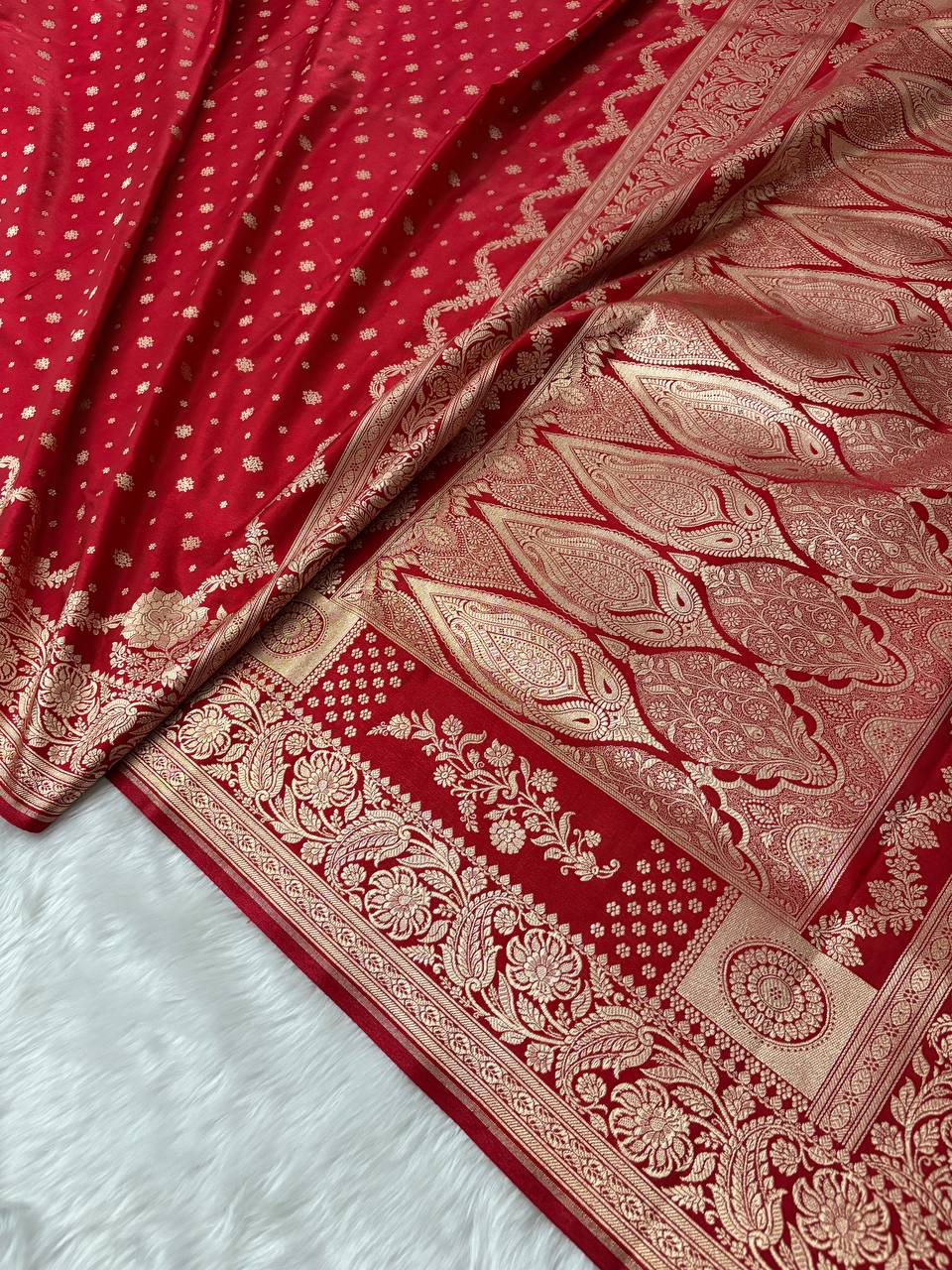Red Sitara Buti Satin Silk Banarasi Saree