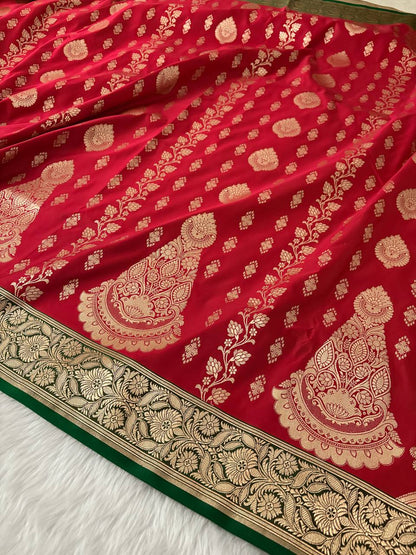 Red &amp; Green Katan Silk Banarasi Saree – A Stunning Contrast