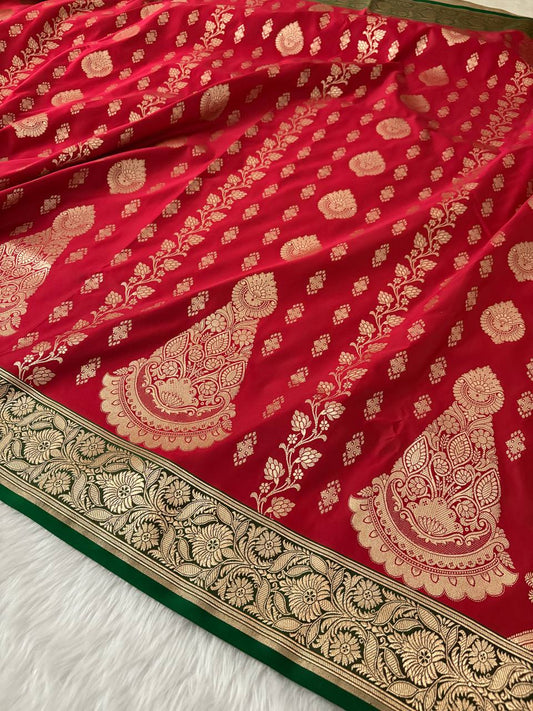 Red &amp; Green Katan Silk Banarasi Saree – A Stunning Contrast