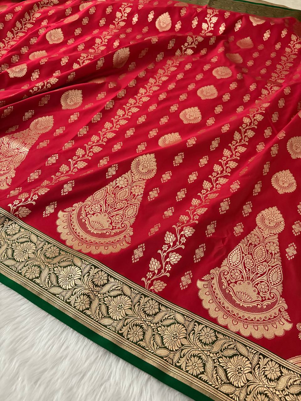 Red &amp; Green Katan Silk Banarasi Saree – A Stunning Contrast