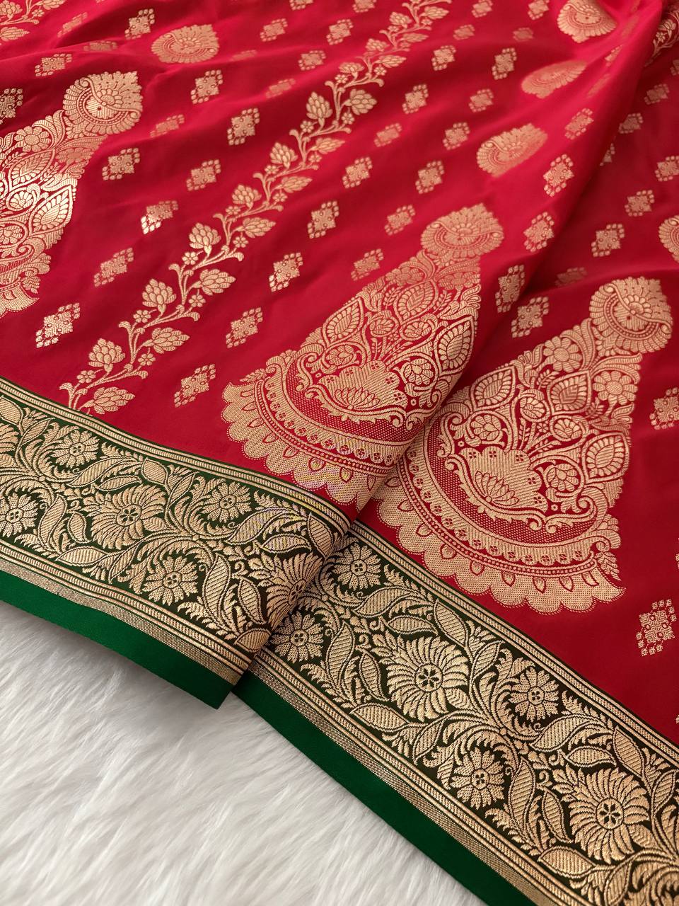 Red &amp; Green Katan Silk Banarasi Saree – A Stunning Contrast