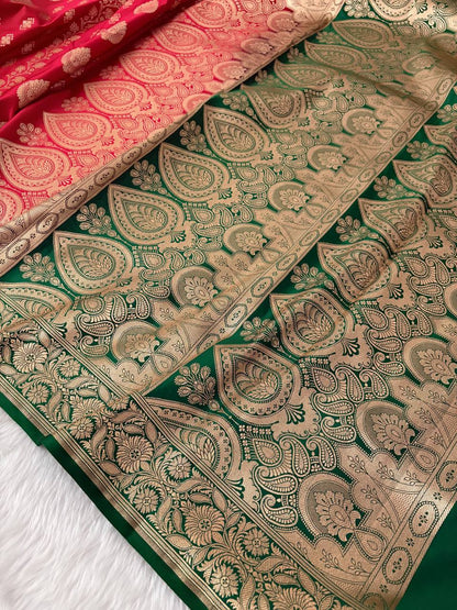 Red &amp; Green Katan Silk Banarasi Saree – A Stunning Contrast
