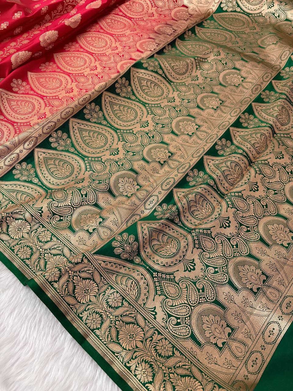 Red &amp; Green Katan Silk Banarasi Saree – A Stunning Contrast
