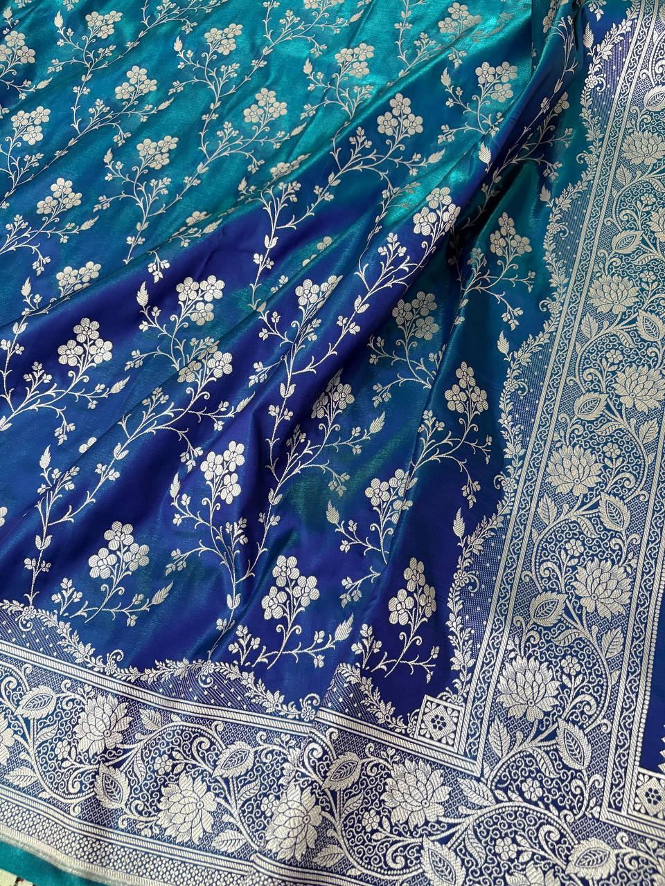 Dual Tone Blue-Green Satin Silk Banarasi Saree in jaal Pattern