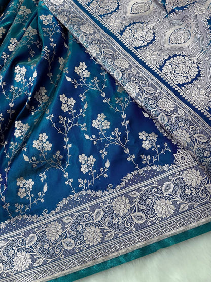 Dual Tone Blue-Green Satin Silk Banarasi Saree in jaal Pattern