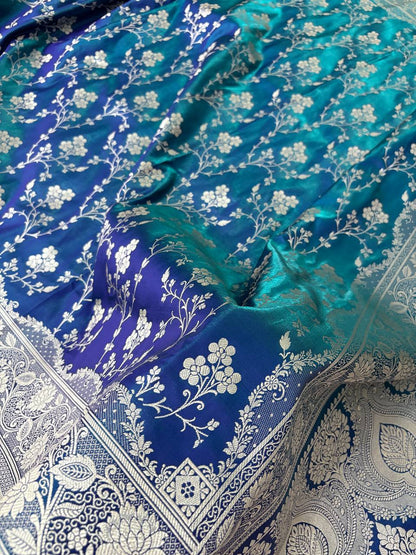 Dual Tone Blue-Green Satin Silk Banarasi Saree in jaal Pattern