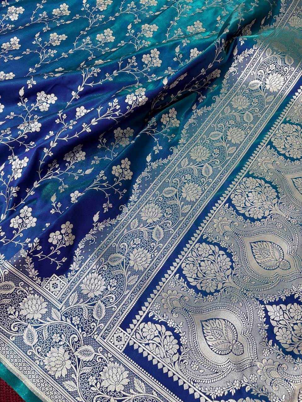 Dual Tone Blue-Green Satin Silk Banarasi Saree