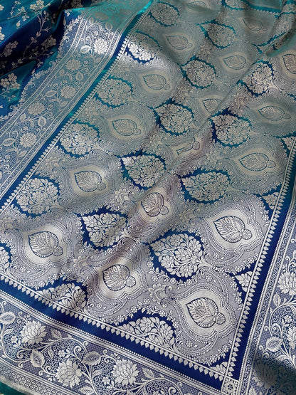 Dual Tone Blue-Green Satin Silk Banarasi Saree in jaal Pattern