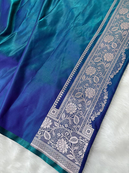 Dual Tone Blue-Green Satin Silk Banarasi Saree in jaal Pattern