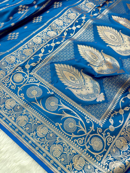 Firozi Kataan Silk Banarasi Saree – Golden Zari Buti with Long Jhalar