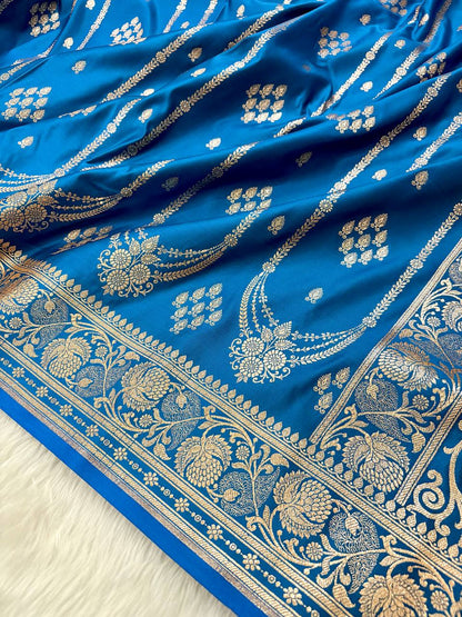 Firozi Kataan Silk Banarasi Saree – Golden Zari Buti with Long Jhalar