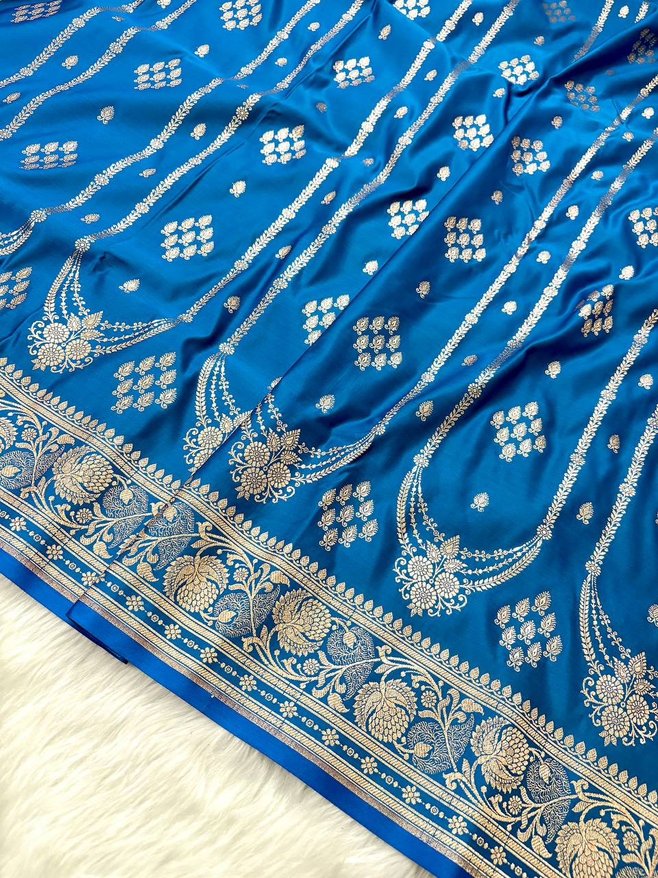 Firozi Kataan Silk Banarasi Saree – Golden Zari Buti with Long Jhalar