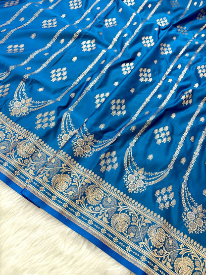Firozi Kataan Silk Banarasi Saree – Golden Zari Buti with Long Jhalar