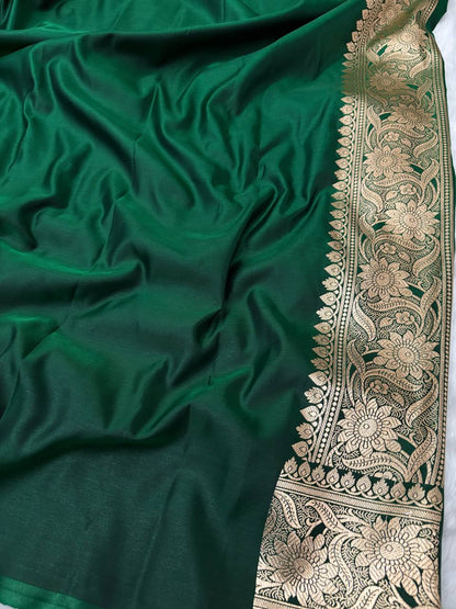 Dark Green Floral Buti Satin Silk Banarasi Saree