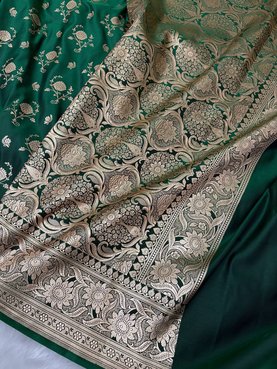 Dark Green Floral Buti Satin Silk Banarasi Saree