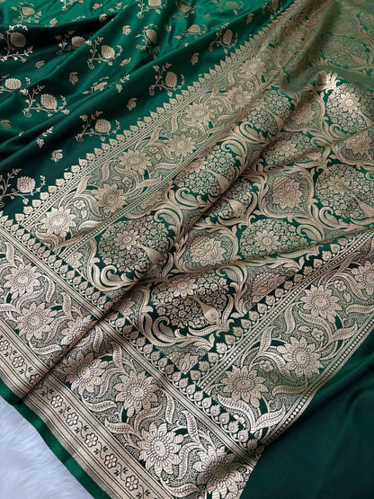 Dark Green Floral Buti Satin Silk Banarasi Saree