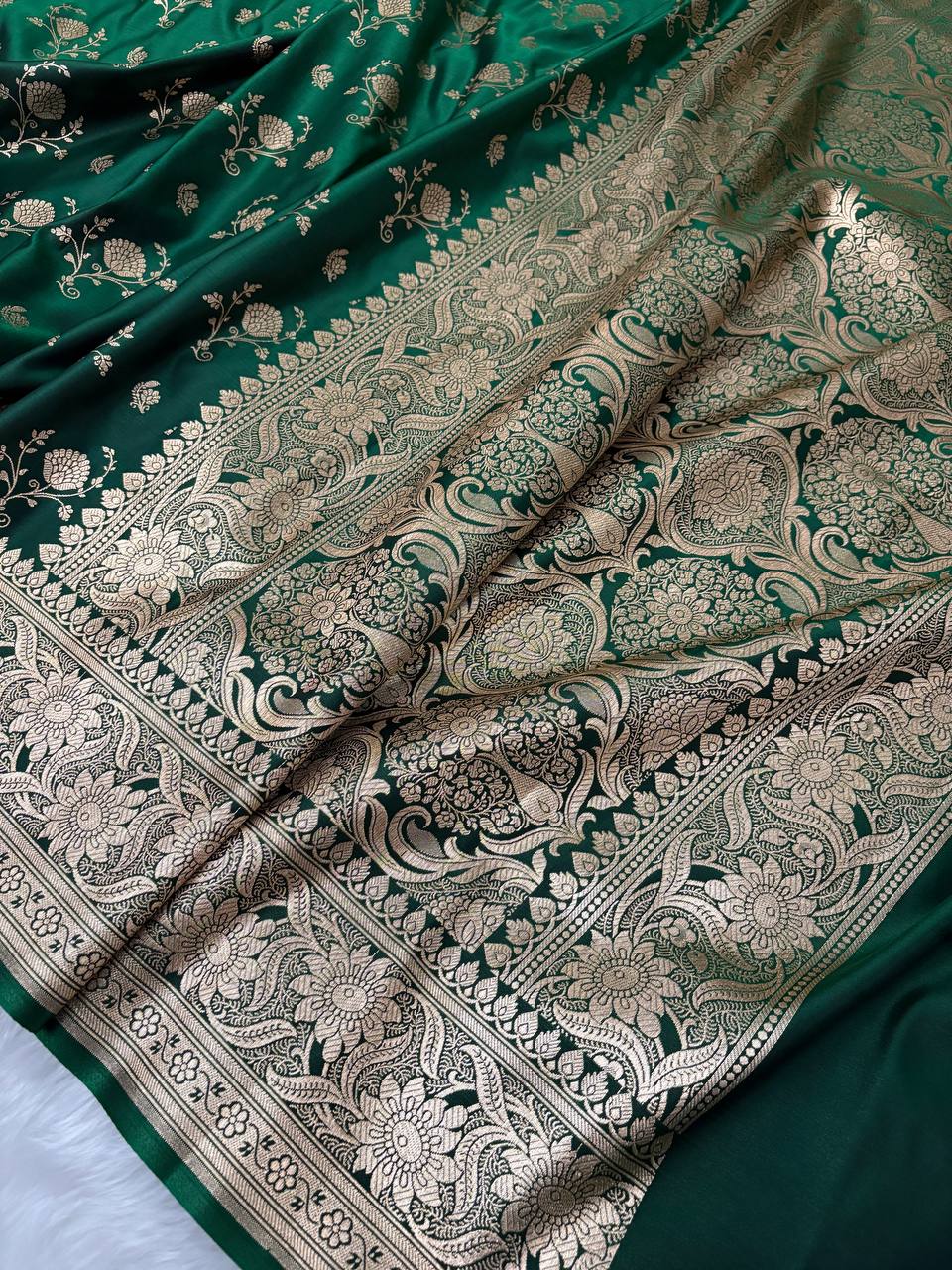 Dark Green Floral Buti Satin Silk Banarasi Saree