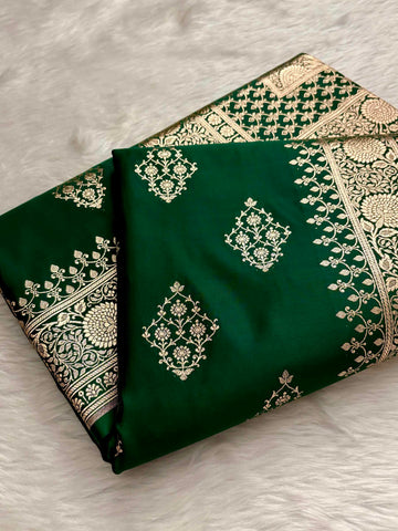 Bottle Green Kataan Silk Banarasi Saree – Light Golden Zari Work