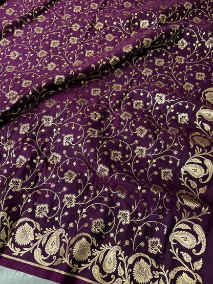 Wine Mashru Silk Banarasi Saree with Golden Zari Work