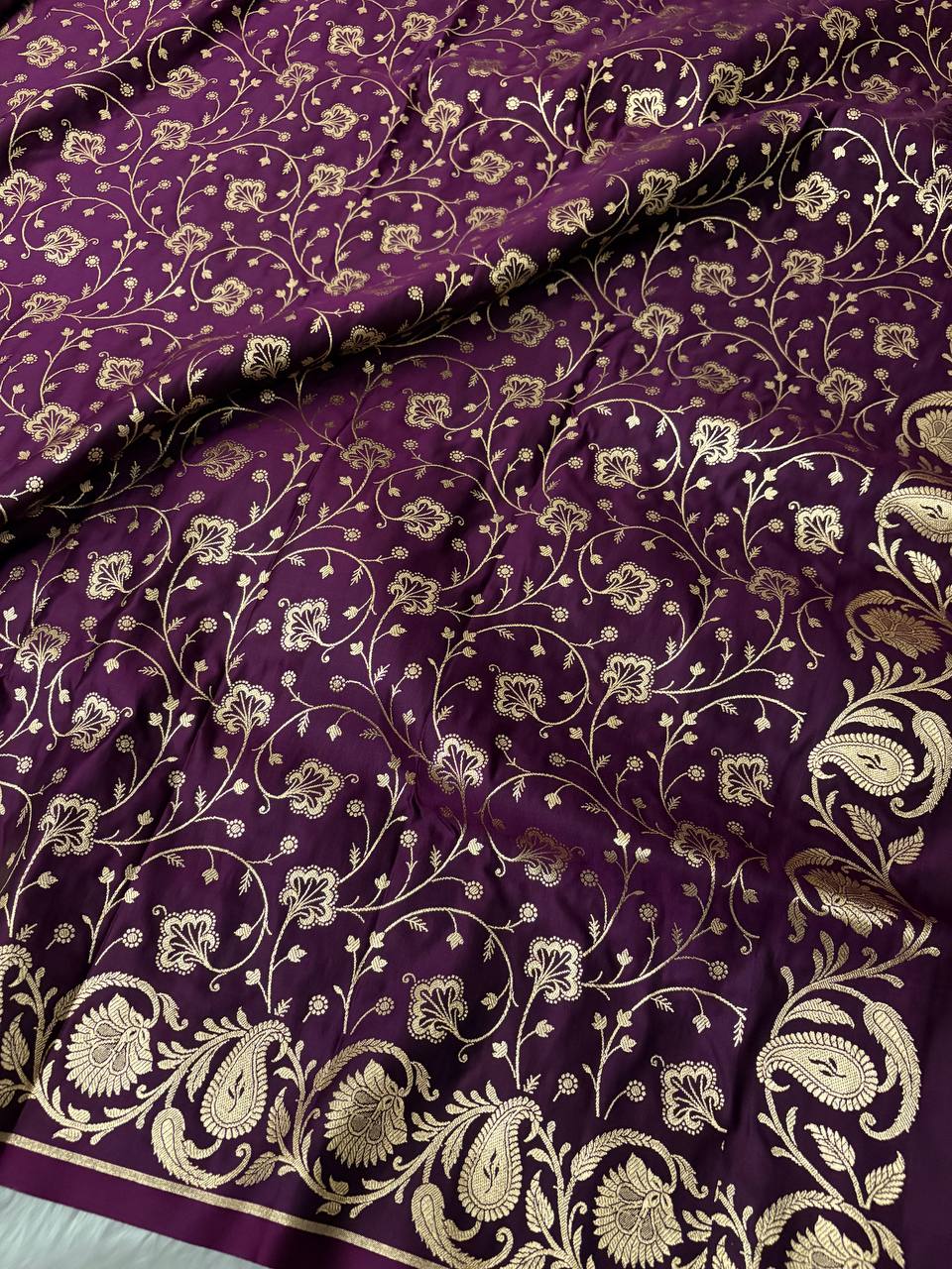 Wine Mashru Silk Banarasi Saree with Golden Zari Work