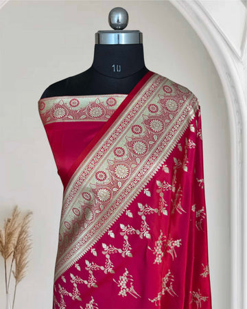 Red Pink Shaded Soft Kataan Silk Banarasi Saree Light Gold Work