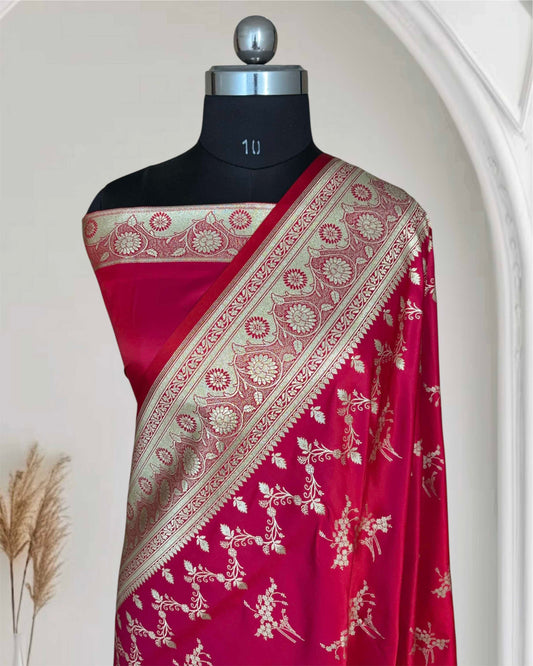 Red Pink Shaded Soft Kataan Silk Banarasi Saree Light Gold Work