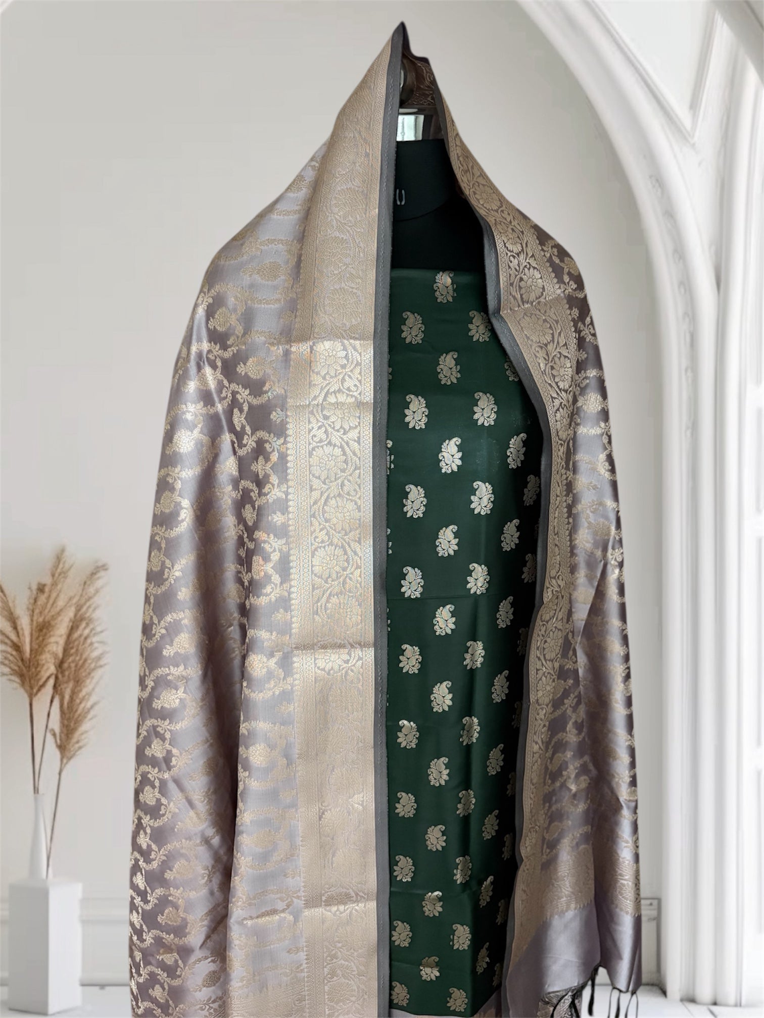 Grey and Bottle Green Satin Silk Banarasi Suit