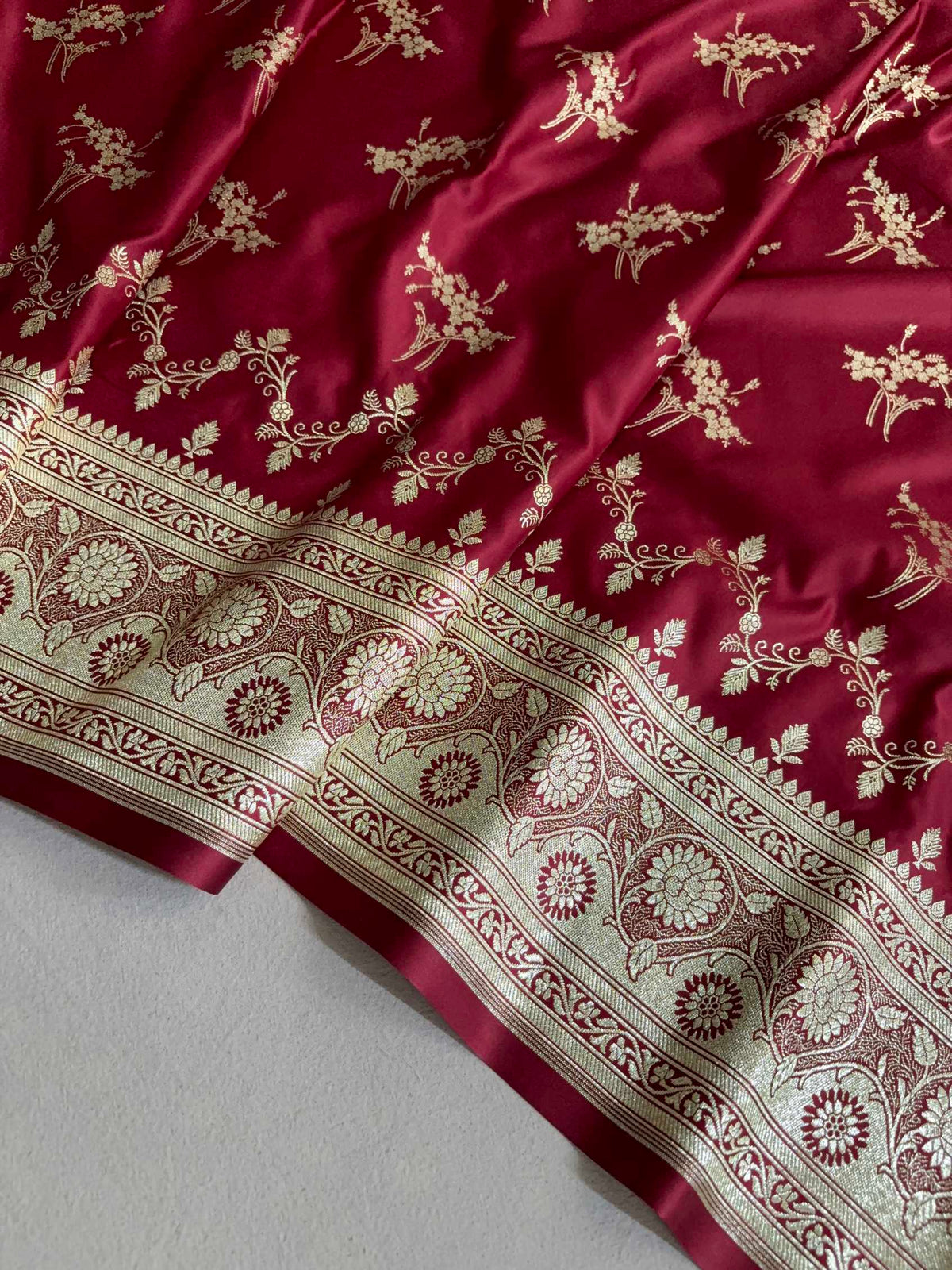 Maroon Soft Kataan Silk Banarasi Saree Light Gold Work
