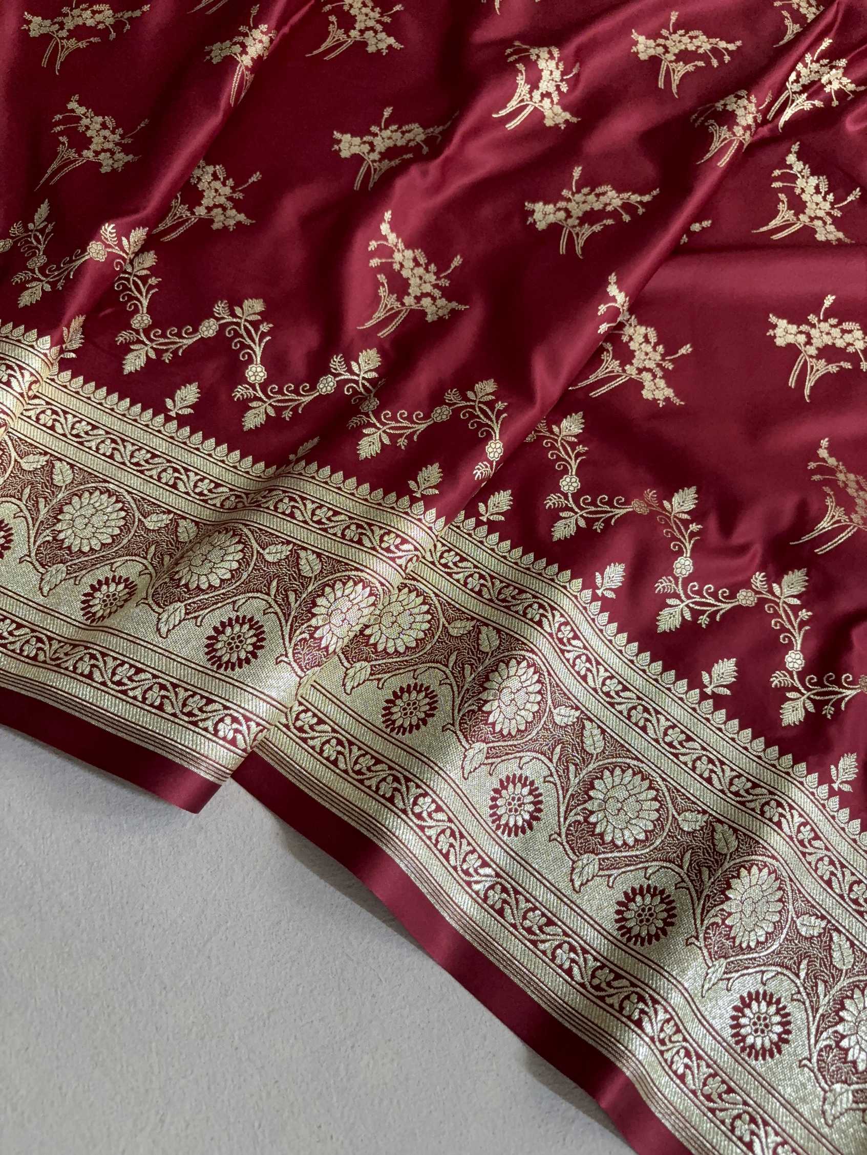 Maroon Soft Kataan Silk Banarasi Saree Light Gold Work