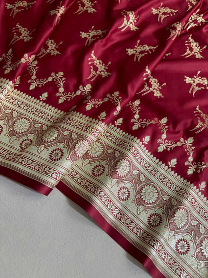 Maroon Soft Kataan Silk Banarasi Saree Light Gold Work