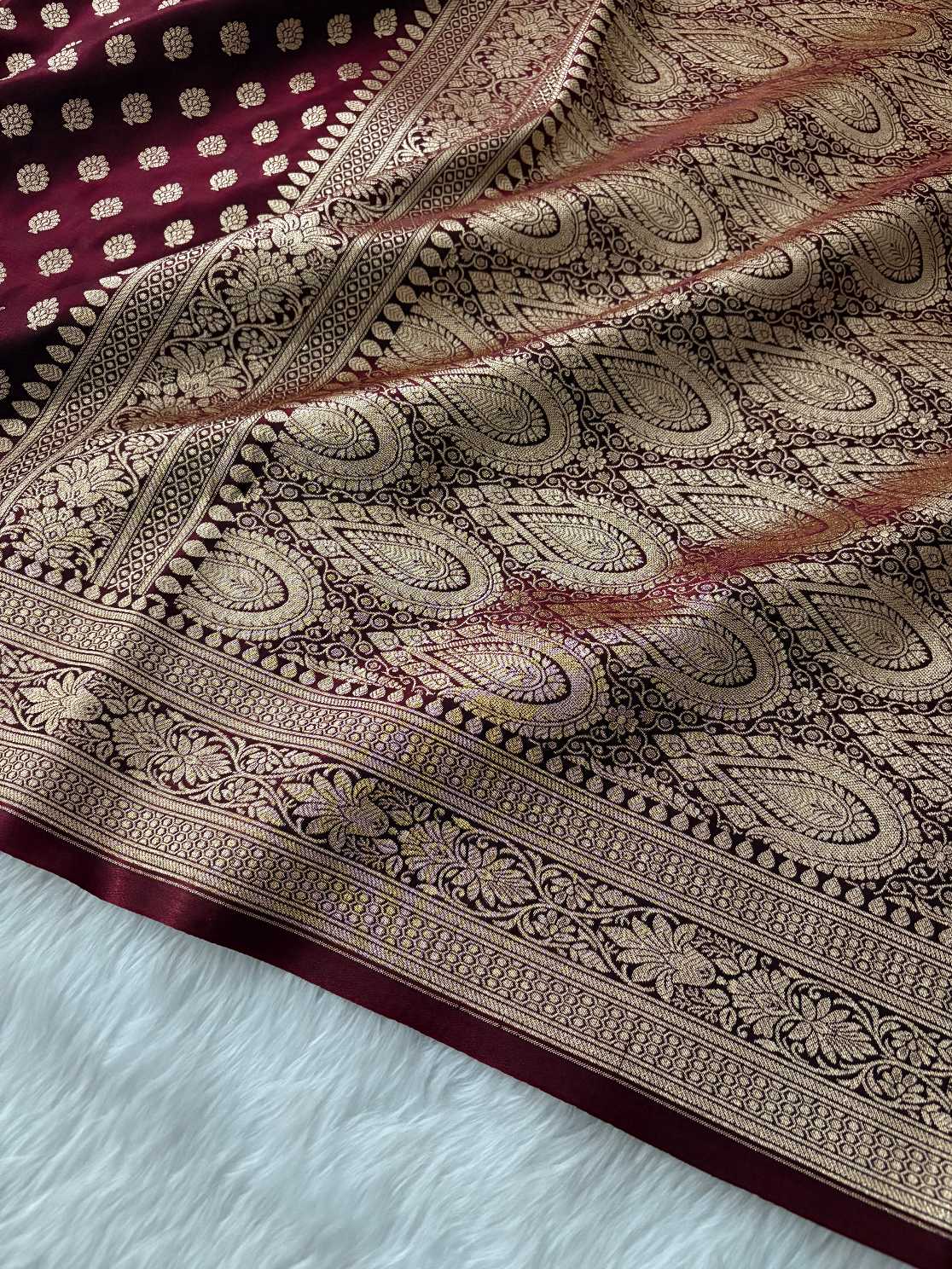Dark Maroon Satin Silk Banarasi Motif Saree