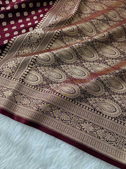Dark Maroon Satin Silk Banarasi Motif Saree