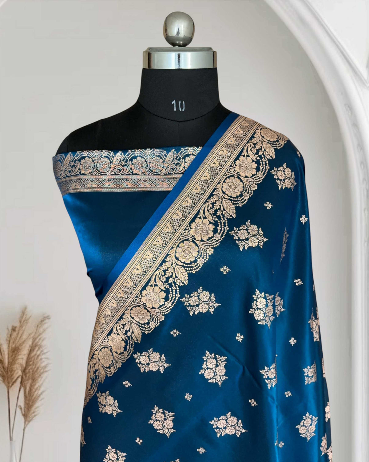 Teal Blue Satin Silk Saree Banarasi Motif