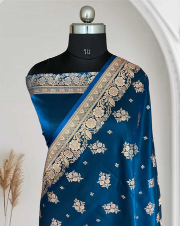 Teal Blue Satin Silk Saree Banarasi Motif