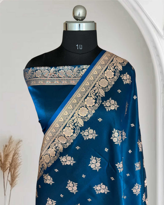 Teal Blue Satin Silk Saree Banarasi Motif