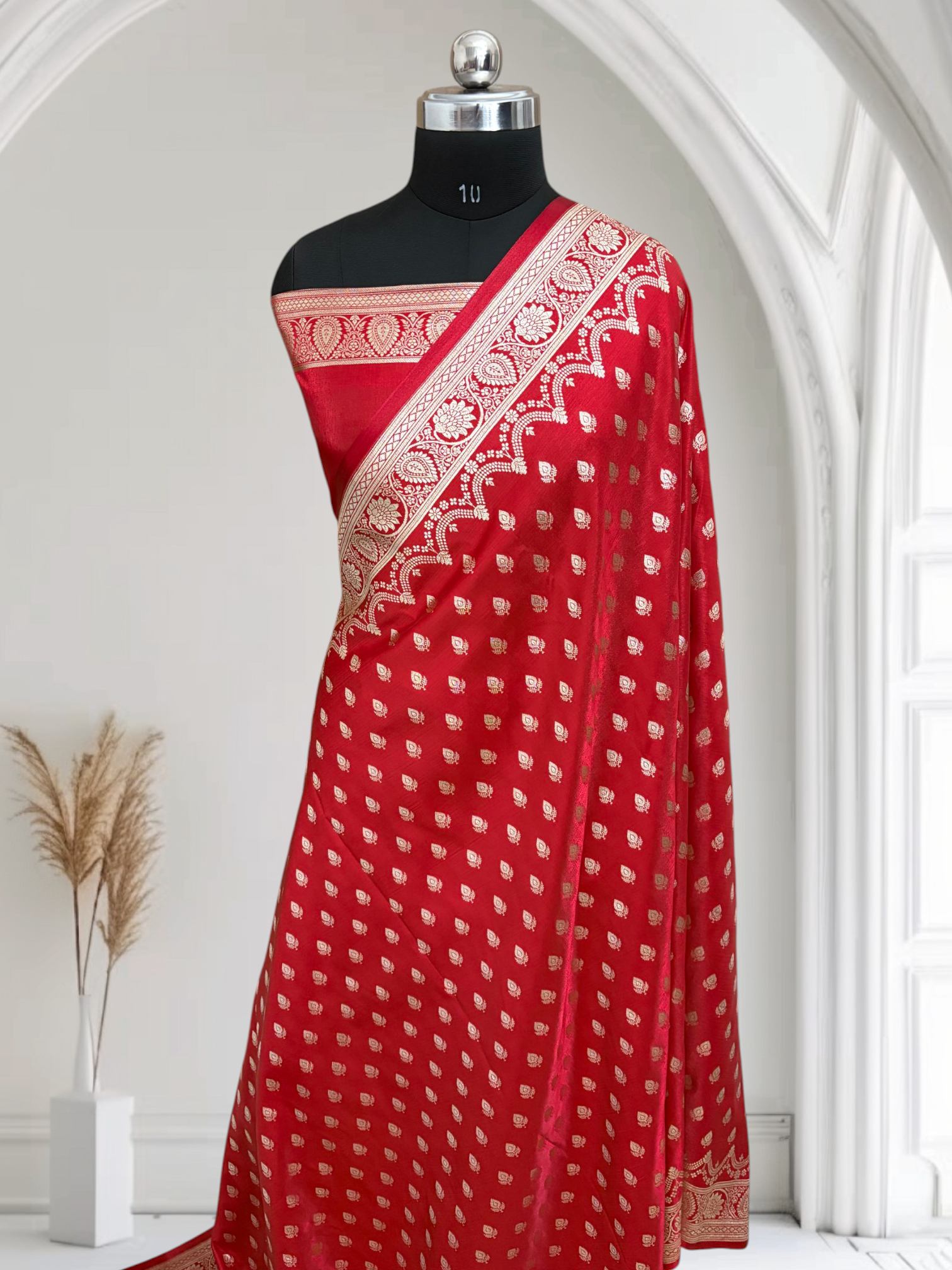 Red Satin Silk Banarasi Saree Motif Buti
