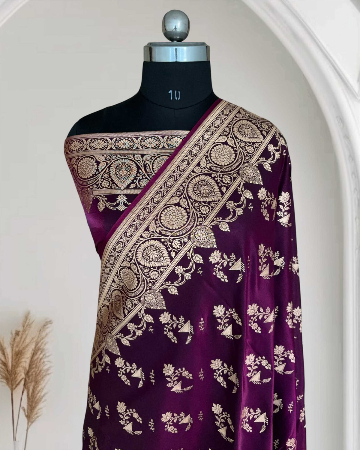 Wine Shaded Fancy Motif Satin Silk Banarasi Saree