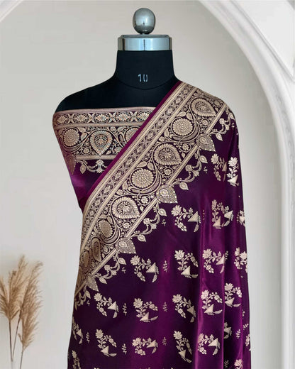 Wine Shaded Fancy Motif Satin Silk Banarasi Saree