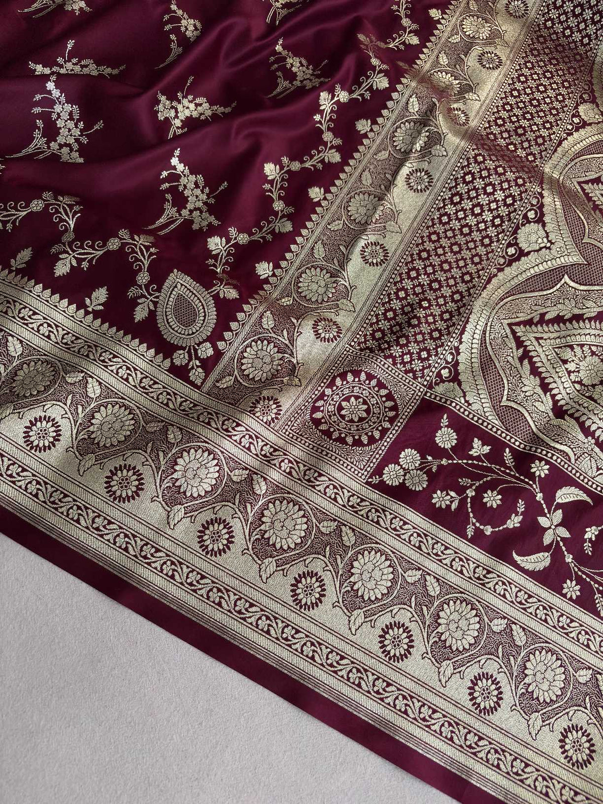 Brown Soft Kataan Silk Banarasi Saree Light Gold Work