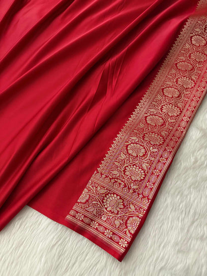 Red Kataan Satin Silk Banarasi Saree Bridal Jaal